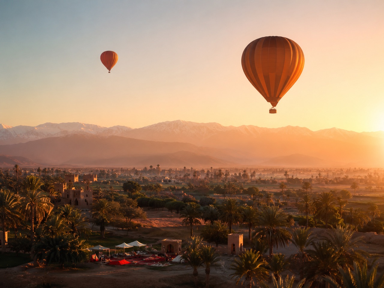 Hot air balloon flight visual over the Marrakech countryside
